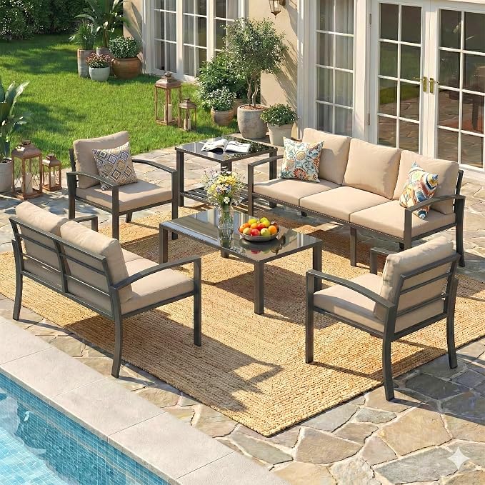 U-MAX Aluminum Patio Furniture Set 7 Seats, Modern Outdoor Furniture Clearance with Coffee Table & Side Table, Metal Patio Conversation Sets with Deep Cushions for Lawn, Garden, Porch, Beige