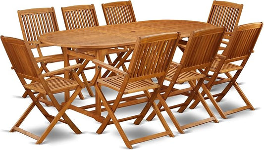 East West Furniture BSCM9CANA 9 Piece Outdoor Patio Dining Sets Includes an Oval Acacia Wood Table and 8 Folding Arm Chairs, 36x78 Inch, Natural Oil