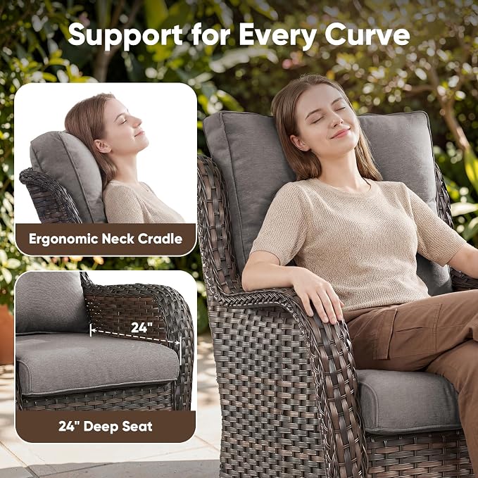Belord 5 Piece Wicker Patio Furniture Set, Outdoor Swivel Rocker Chairs Set of 2 with Ottomans and 3 Seater Sofa, All Weather Patio Conversation Furniture Set, for Porch Pool, Brown Wicker/Gray