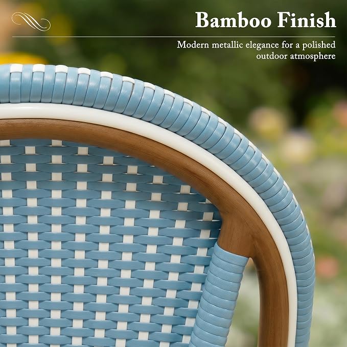 PURPLE LEAF 3-Piece French Bistro Dining Set Round Outdoor Patio Table and 2 Armless Chairs Tempered Glass Top PE Rattan Bamboo Print Finish Aluminum Frame Light Blue