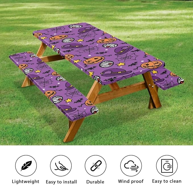 Halloween Picnic Table Cover with Bench Covers 3 Piece Fitted Picnic Table Cover with Bench Covers Picnic Table Covers with Elastic Band Picnic Table Cover for Halloween Decoration