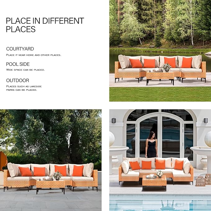 10 Piece Outdoor Patio Furniture Set Modular Outdoor Furniture Set Wicker Outdoor Sectional Sofa with Cushions and Tea Table Patio Set for Balcony Porch Deck Yard (Salmon&Orange Wicker, Sand Cushion)