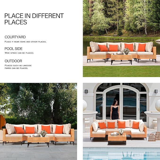 9 Piece Outdoor Patio Furniture Set Modular Outdoor Furniture Set Wicker Outdoor Sectional Sofa with Cushions and Tea Table Patio Set for Balcony Porch Deck Yard (Salmon&Orange Wicker, Sand Cushion)