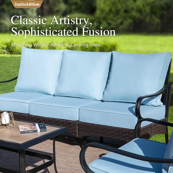 Sophia & William Patio Furniture Set with Fire Pit Table, 4PCS Metal Outdoor Conversation Set with Fire Pit Table, 2 Swivel Chairs,1 Loveseat,3-Seater Couch for Outdoor Seating,Backyard,Porch(Blue)