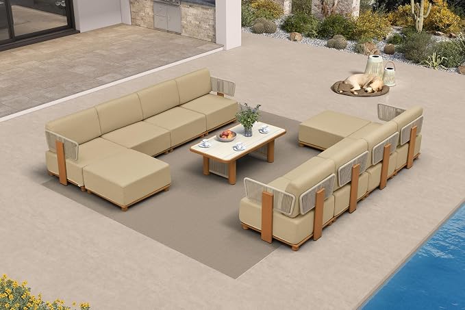 PURPLE LEAF Patio Furniture Set L-Shaped Outdoor Sectional Sofa with 11" Thick Cushion 11-Piece Outdoor Conversation Set with Ottomans & White Lights for Backyard Poolside Table Included, Beige