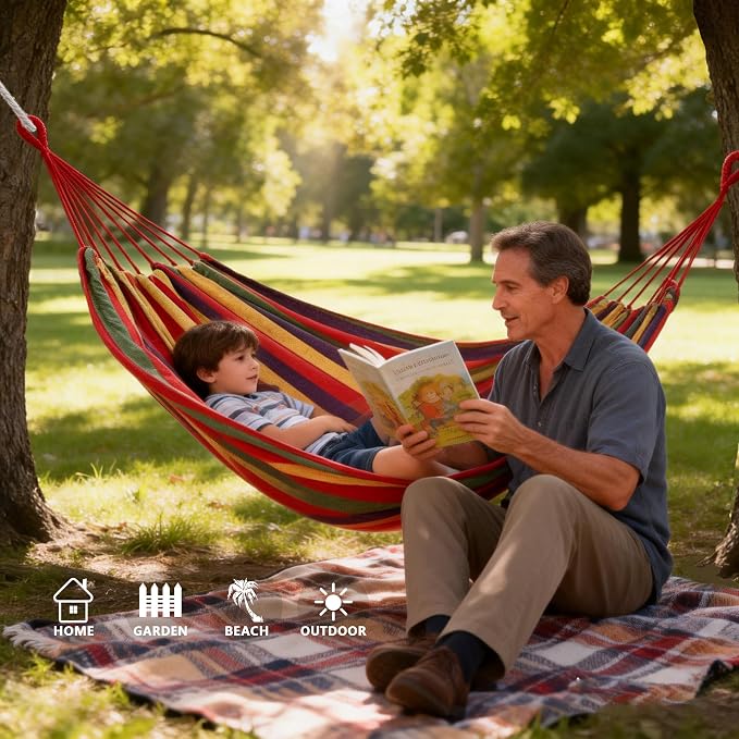 Outdoor Amacas Garden Camping Hammock Portable for Patio Yard Backyard | Cotton Canvas Hammock fabric Portable Carrying Bag stand Porch Para Patios outside 300 Lbs Maximum Weight Capacity Travel ﻿