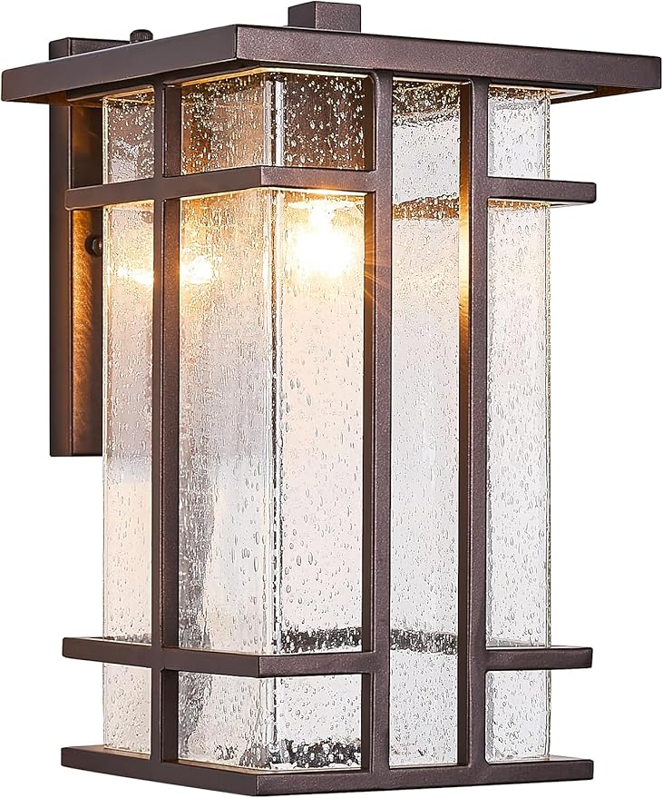 Rustic Dusk to Dawn Outdoor Wall Light Fixture 13.8"H Oil Rubbed Bronze Exterior Wall Sconces with Seeded Glass Sensor Outdoor Wall Lantern for House Patio Porch Entryway Garage Wall Lamps Waterproof
