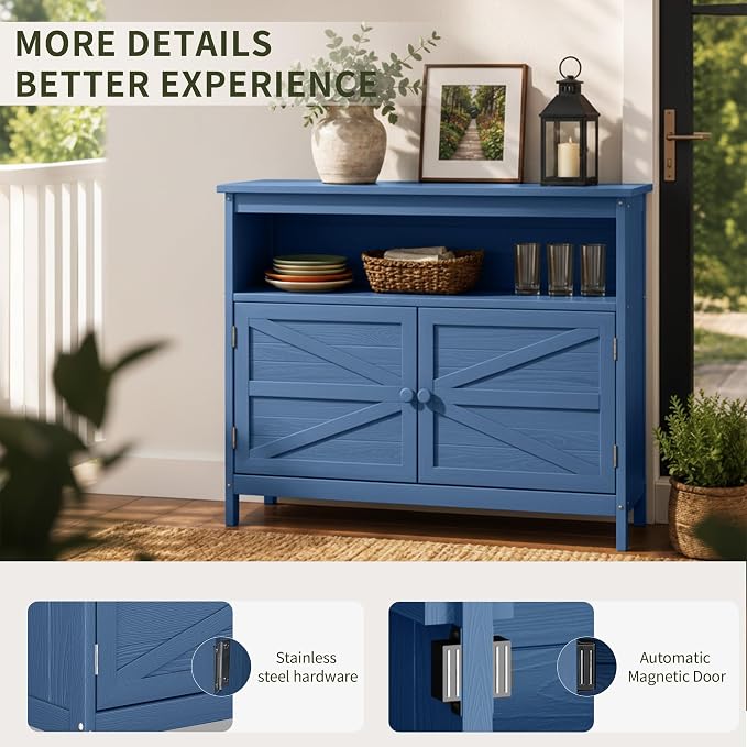 HIPS All-Weather Outdoor Storage Cabinet,Outdoor Sideboard with Magnetic Doors,3-Shelves Patio Storage Cabinet, Used for Garden,Buffet Cabinet,TV Stand, Bar Table,Balcony