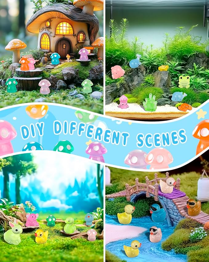 Piemow 160 Pcs Mini Resin Animals Kit, Luminous Landscape Figurines Decor | Tiny Resin Animals Gifts for Aquarium Fairy Garden Bonsai