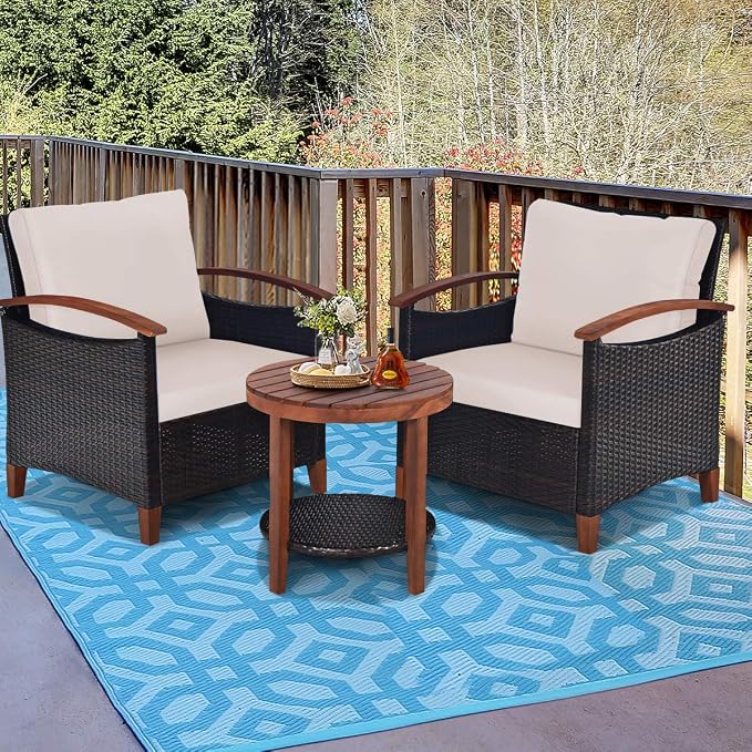 HAPPYGRILL 3 Pieces Patio Conversation Set Outdoor Rattan Wicker Sofa Set with Cushion & Acacia Wood Frame, Coffee Table and Chairs Set for Garden Poolside Balcony