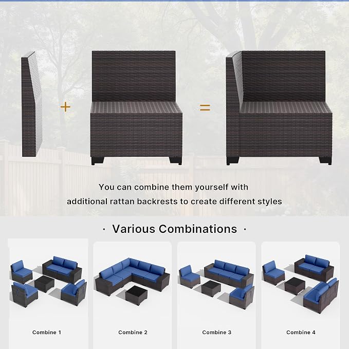 Gotland 7 Pieces Patio Furniture Set with 55000BTU Fire Pit Table, Wicker Patio Set with Wide Armrests 29.5'' High Backrest Thick Cushions 1 Coffee Table, Outdoor Furniture for Porch Deck Navy