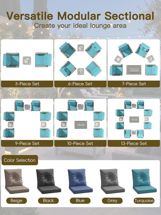 13-Piece Outdoor Conversation Set with 43" Fire Pit Table, 8 Swivel Rocking Chairs (4" Cushions) & 4 Side Tables, All-Weather PE Rattan & Steel Frame for Porch, Deck, Backyard, Turquoise