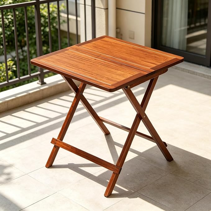 Solid Wood Folding Table, Square Patio Foldable Dining Table, Weather Resistant Outdoor Wooden Table for Deck, Balcony, Garden, Backyard, No Assembly Required