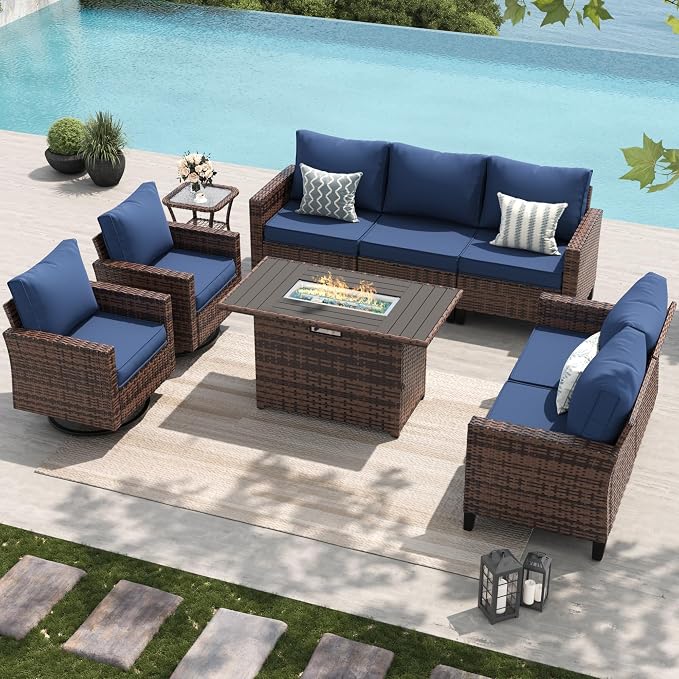 Amopatio Patio Furniture Set with Fire Pit Table, Wicker Outdoor Sectional Sofa with Swivel Rocker Chairs, All-Weather Rattan Conversation Set, Waterproof Cover for Backyard, Deck Brown/Navy 6 PCS