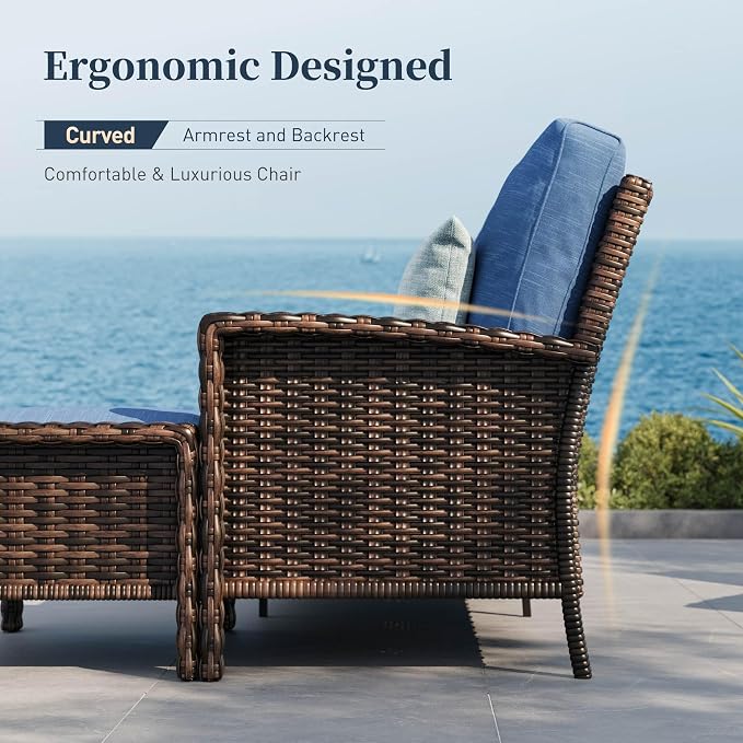 SUNSHINE VALLEY Patio Furniture Set with Swivel Chairs, High Back Wicker Rattan Furniture with 5.5" Thick Cushions and Coffee Table, Outdoor Conversation Set for Backyard Deck,5 Seats, Blue