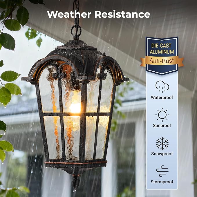 VIANIS 18.7" Large Outdoor Pendant Light, Vintage ORB Outside Chandelier with Ripple Glass, Anti-Rust Pendant Lights for Porch, Doorway, Entryway, Adjustable Length Hanging Lighting, Hardwired