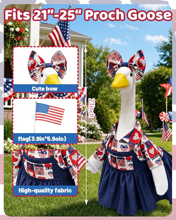 4th of July Porch Goose Outfit with Flag & Bow, 23" Patriotic Lawn Cement Goose Clothes for Independence Memorial Day, US 250th Anniversary Decoration, Best Gift for Mom Grandma