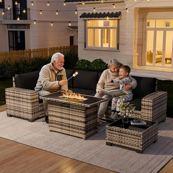 Amopatio 7 Piece Patio Furniture Set with 8" Armrest & 44" Fire Pit Table, Outdoor Wicker Rattan Sectional Sofa Conversation Set for Backyard, Garden, Poolside(Black Cushion)