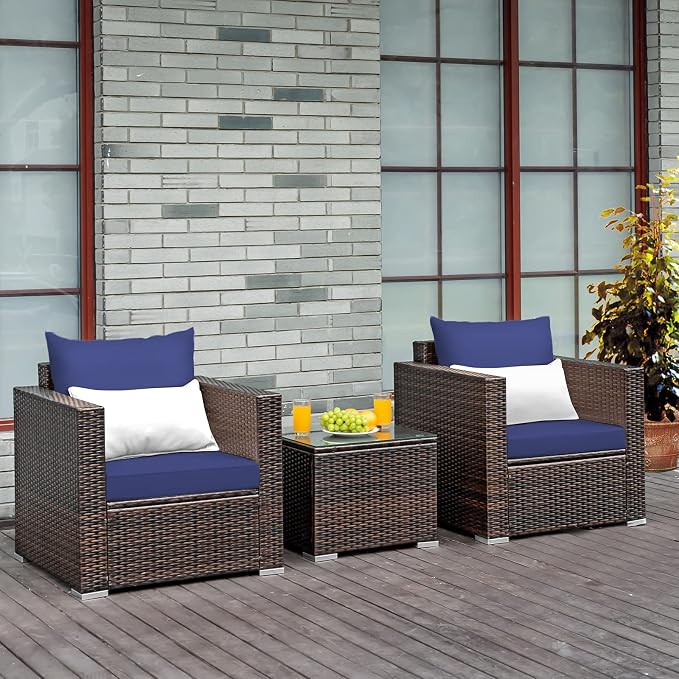 Patio Conversation Set Outdoor, 3-Piece Rattan Wicker Furniture Set with Water-Resistant Cushion & Tempered Glass Tabletop, Patio Furniture Set for Balcony, Porch, Poolside (Navy-Blue)