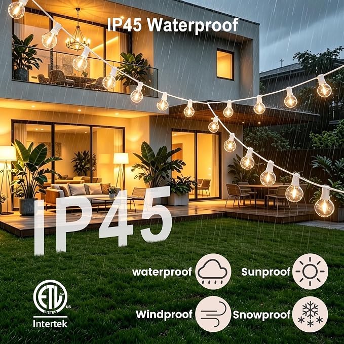 Outdoor-String-Lights with Remote 30FT Waterproof lights for Outside Patio | 12 inch Spacing,White Cord String Lights,Connectable Dimmable Patio Lights with Remote,Timer,3 Modes for Backyard, Bistro