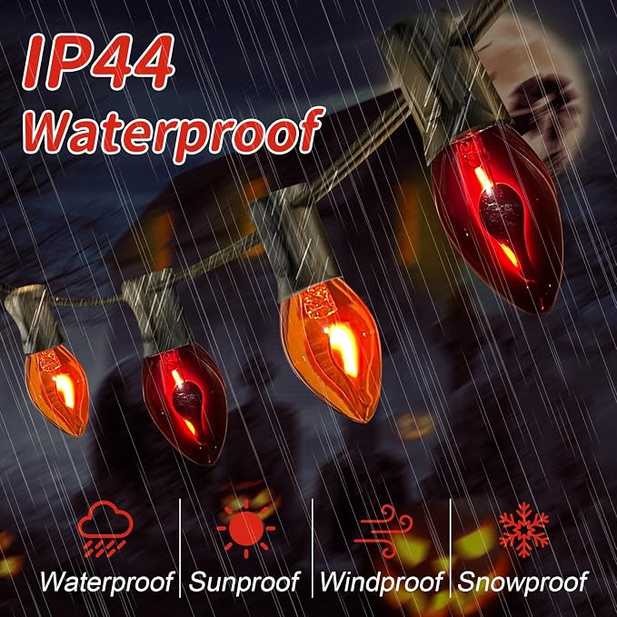 25Ft C7 Halloween Orange Purple String Lights Outdoor, Christmas Decorations Patio Light with 25 Orange/Purple Flickering Flame Lights Waterproof UL Listed for Outdoor Party Garden Bistro Roof Decor