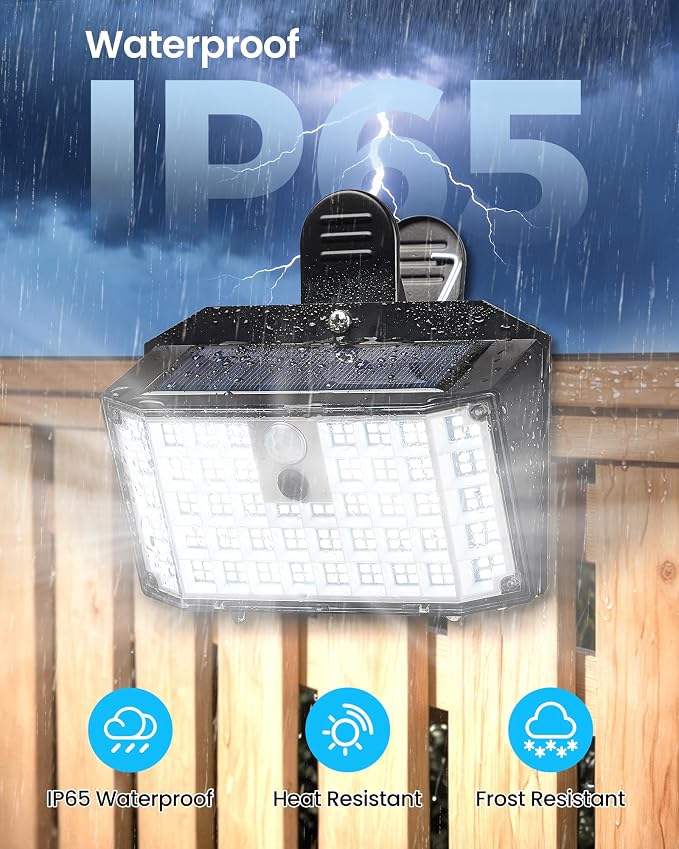 LUHLEE 176LED Clip on Solar Lights Outdoor, 600LM Solar Motion Lights Outdoor with 180° Wide Angle, IP65 Waterproof Portable Solar Fence Lights Outdoor for Fence, Gutter, Garden, Camping, Patio 2Pack