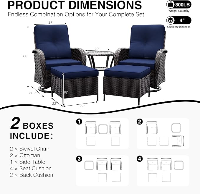 Joyside Wicker Patio Furniture Set, 5 Piece Outdoor Furniture Set with Thickened Cushions, High Back, Deep Seating, Wide Armrest, Outdoor Swivel Rocker Chairs for Porch, Deck