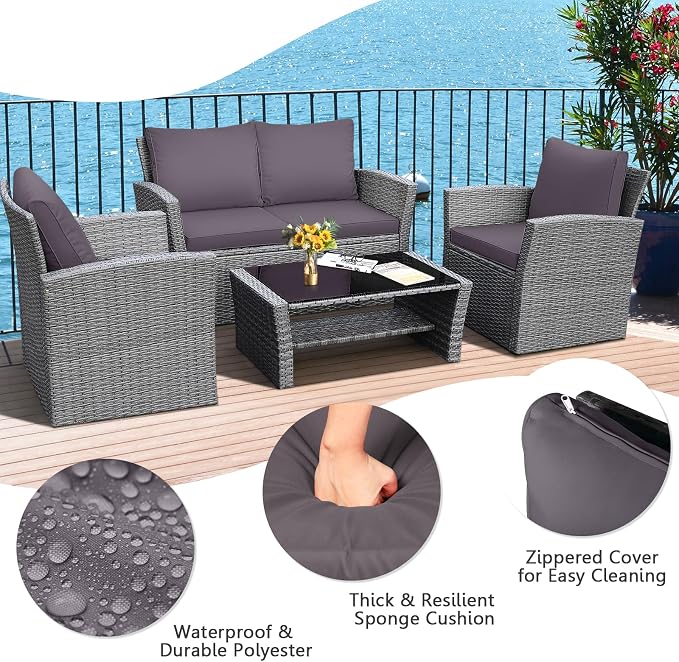 HAPPYGRILL 4PCS Patio Rattan Furniture Set Outdoor Conversation Set with Cushions and Coffee Table, Sectional Wicker Sofa Set for Garden Porch Balcony Poolside