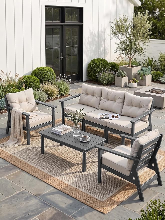 HDPE Patio Conversation Set 8 Seats, Outdoor Furniture Set, Patio Sofa Set | Water-Resistant Thick Cushion, HDPE All Weather, Wood-Grain, No Rot or Rust or Crack, UV Fade Shield, Easy-Clean for Outside