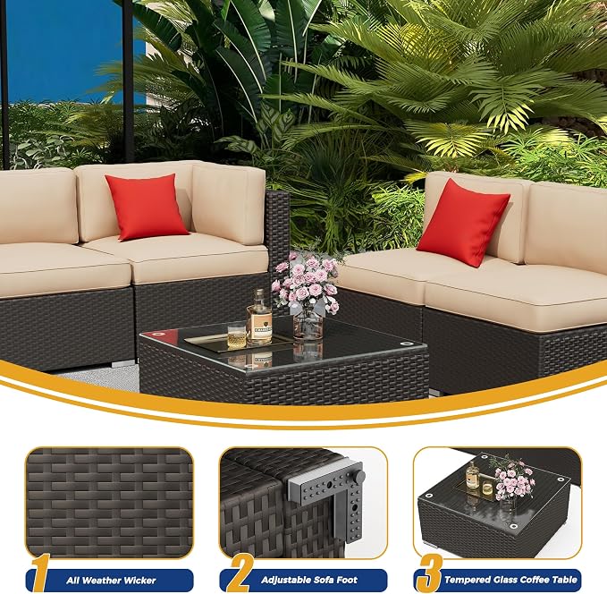 Incbruce 7-Piece Patio Furniture Set, All-Weather Conversation Set, PE Wicker Rattan Outdoor Sectional Couch with Glasstop Table and Removable Cushions (Brown)