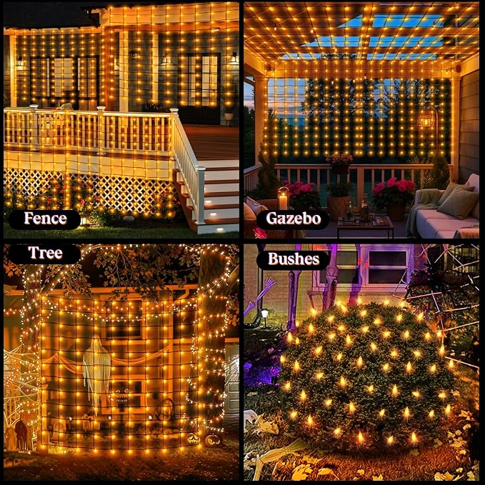 120LED Halloween Net Lights Outdoor, 5ft x 6ft Connectable Mesh Lights, 8 Modes 3.5V Low Voltage Waterproof Bush Lights for Trees, Bushes, Wedding, Party Decor (Orange, 1Pack)