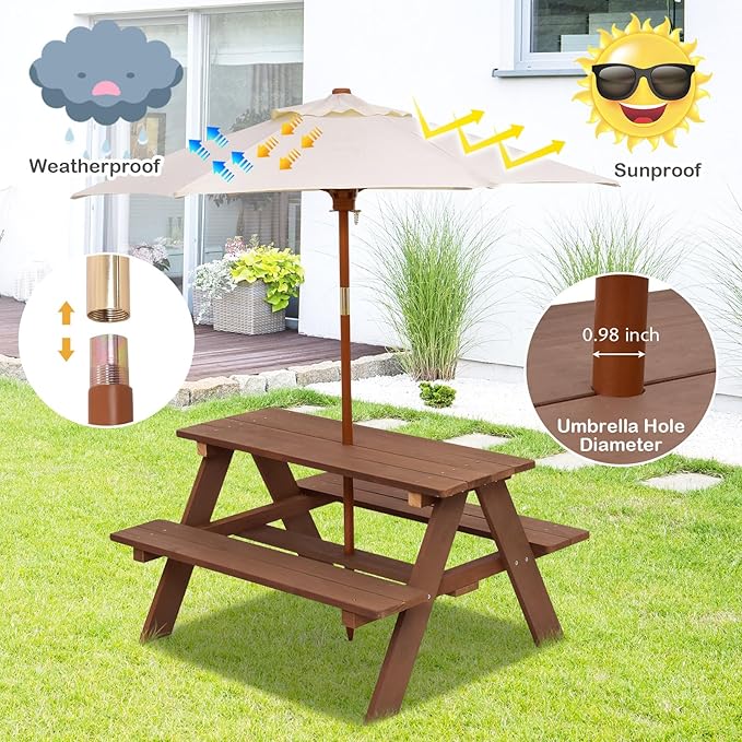 Kids Picnic Table, Wooden Kids Outdoor Table with Detachable Umbrella, Toddler Picnic Table for Patio, Garden, Backyard, Gift for Boys and Girls