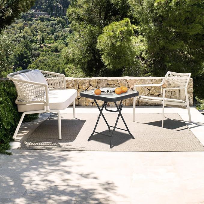 Folding Outdoor Side Table -Patio End Bistro Tables Portable Small 17.5" Square Tempered Glass Top Waterproof Dining Coffee Metal Black
