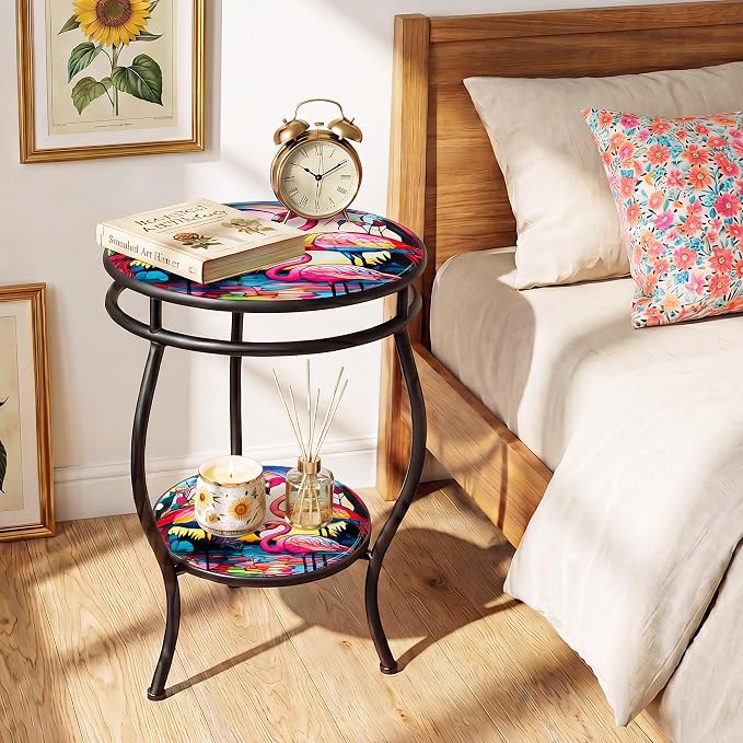 Outdoor Side Table Round with Storage 2-Tier Patio Small Outdoor Table Weather Resistant for Outside Balcony Porch Garden