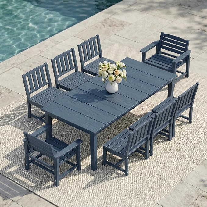 Kingdura 9 Piece Patio Dining Set for 8, 75.2'' HDPE Outdoor Dining Table Set with 2" Umbrella Hole, Weather-Resistant Outdoor Furniture, Table and Chairs Set for Backyard Pool Garden, Navy Blue