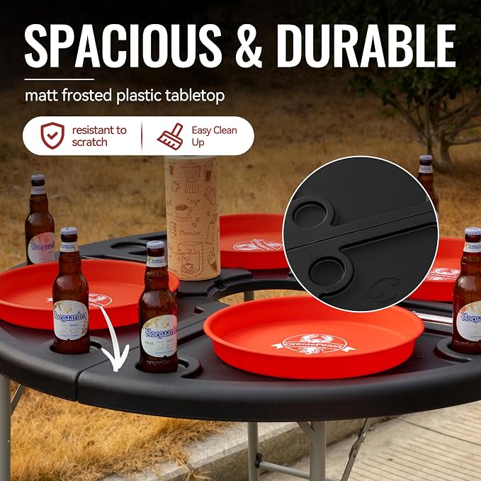 Creole Feast FT4804 Foldable Round Crawfish Table, 47 Inch Portable Seafood Table with Large Grooved Areas and Beverage Holders for Both Indoor & Outdoor Use, Black