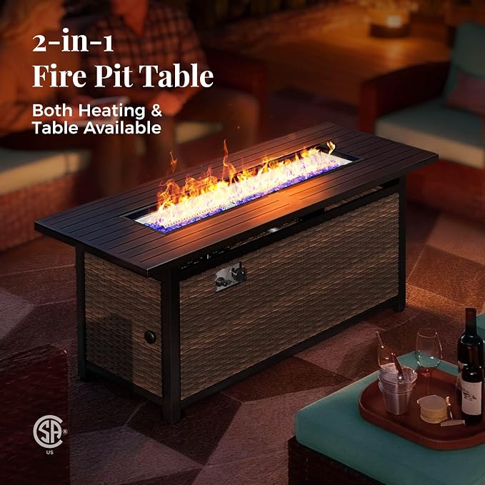MIXPATIO Patio Furniture Set, 6 Pcs Wicker Rattan Outdoor Conversation Set, 2 x Leg Chairs, 1 x 3 Seater Sofa and 2 x Ottoman with 4" Thick Cushion and 56" Fire Pit Table, Blue