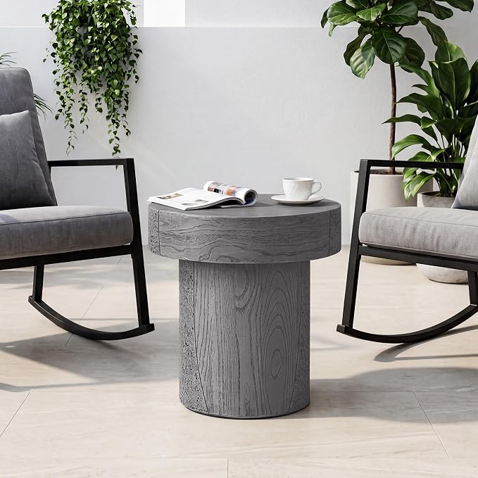 SUNBURY Outdoor Side Table Medium, 20" H Concrete Coffee Table, Lightweight Patio End Table Round, Modern MgO Decorative Dining Table for Patio, Garden, Backyard, Grey