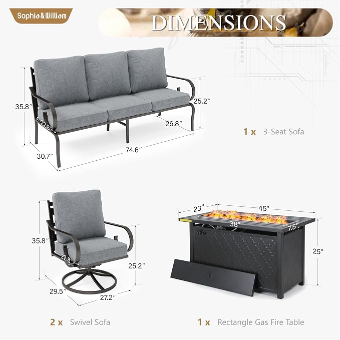 Sophia & William Patio Conversation Set for 5, 3-Seater Sofa, 2 Swivel Chairs and a 45" Fire Pit Table, Metal Outdoor Furniture with 5.75" Extra Thick Cushions, Grey