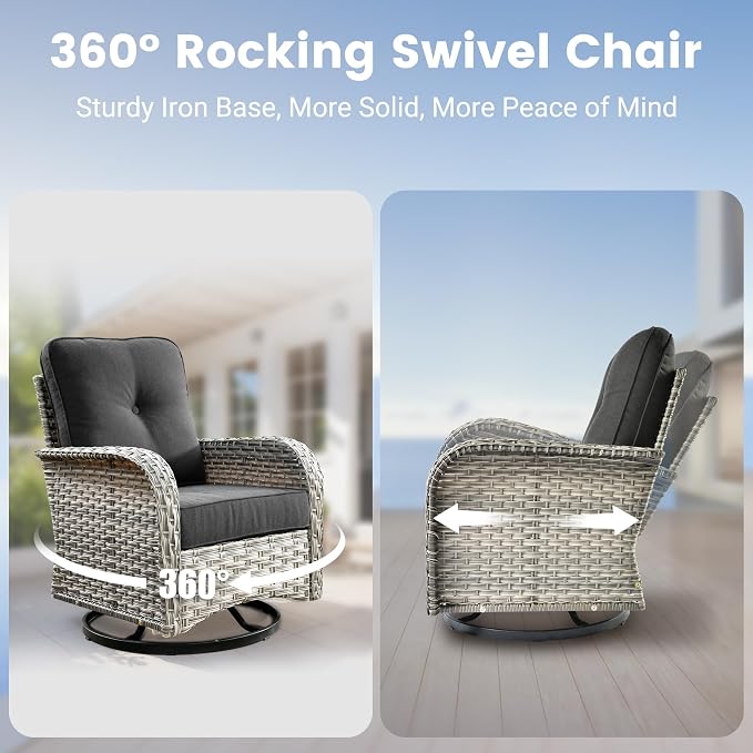 Swivel Patio Chairs Set of 2, Outdoor Wicker Rocker Glider Chair with Coffee Table, Modern Comfy Patio Furniture Sets for Porch Balcony Sunroom, Black