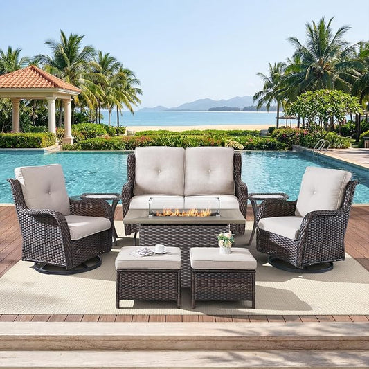 Belord Patio Furniture Set with Fire Pit Table,8 Piece Wicker Outdoor Furniture Set, Swivel Rocker Chairs with Ottomans and Loveseat, All Weather Patio Conversation Set, Pool,Yard, Brown Wicker/Beige