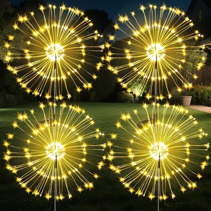 Solar Firework Lights, 4 Pack 120 LEDs 2 Lighting Modes Solar Garden Lights Outdoor Waterproof for Yard Patio Walkway Pathway Party Wedding Christmas Decorative - Warm White