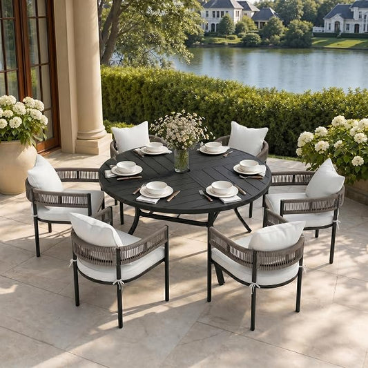 VICLLAX Patio Dining Set, 53.1" Black Table & 6 Chairs with Wheat Cushion | Outdoor Table and Chairs Set of Round Metal Patio Table, Outdoor Dining Chairs with Metal Frame, Garden Deck Porch