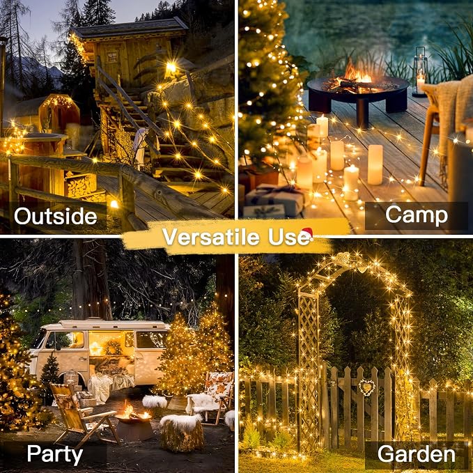 Solar Fairy Lights Outdoor, 2 Pack Twinkle Lights Warm White | Total 66ft 200led solar lights with 8 Lighting Modes. Copper Wire string Lights for garden, yard, patio, fence outdoor decor