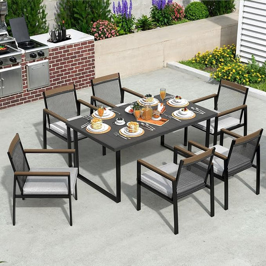7-Piece Patio Dining Table and Chair Sets, Outdoor Metal Dining Furniture Set with Umbrella Hole, 6pcs Patio Chairs with Cushions for Backyard, Deck