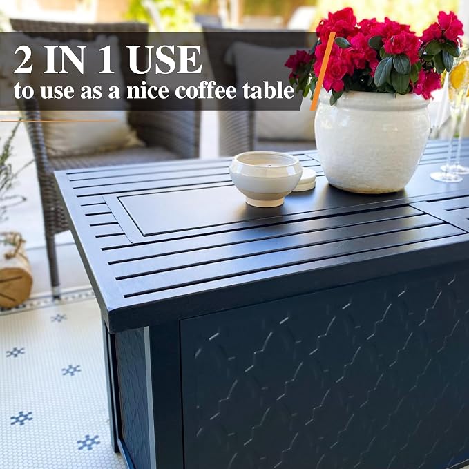 MIXPATIO Patio Furniture Set with Firepit Table, 4 Pcs Metal Outdoor Conversation Set, 2 Single Chairs and 3 Seater Sofa with 5.75" Extra Thick Cushion and Gas Fire Pit Table for Backyard Deck, Beige