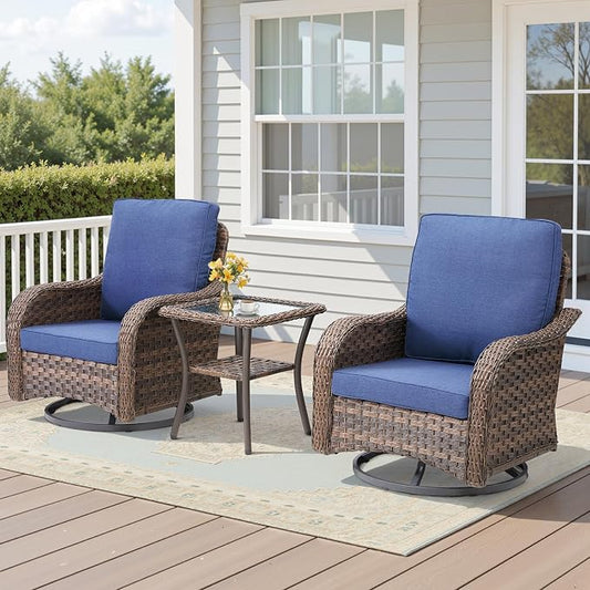3 PCS Patio Swivel Rocking Chairs Set, Outdoor Wicker Furniture with 4-Inch Thick Olefin Cushions & Side Table, 300 lbs Capacity Swivel Rocker Chairs for Porch, Balcony, Backyard, Blue