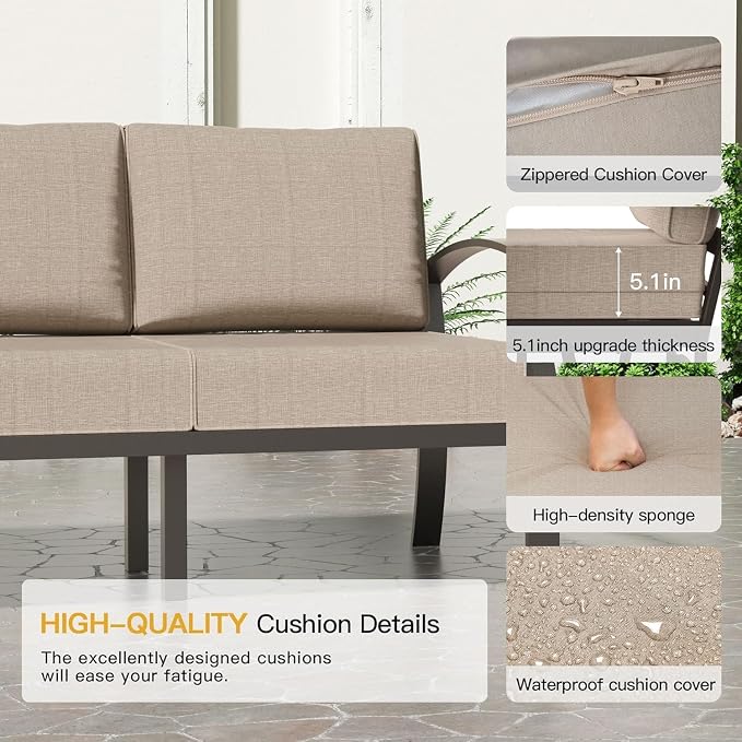 Aluminum Outdoor Patio Conversation Furniture Set,5 Seats Metal Modern Outdoor Furniture with Coffee Table & Washable 5.1" Thick Cushions,Patio Sectional for Backyard,Patio,Sand