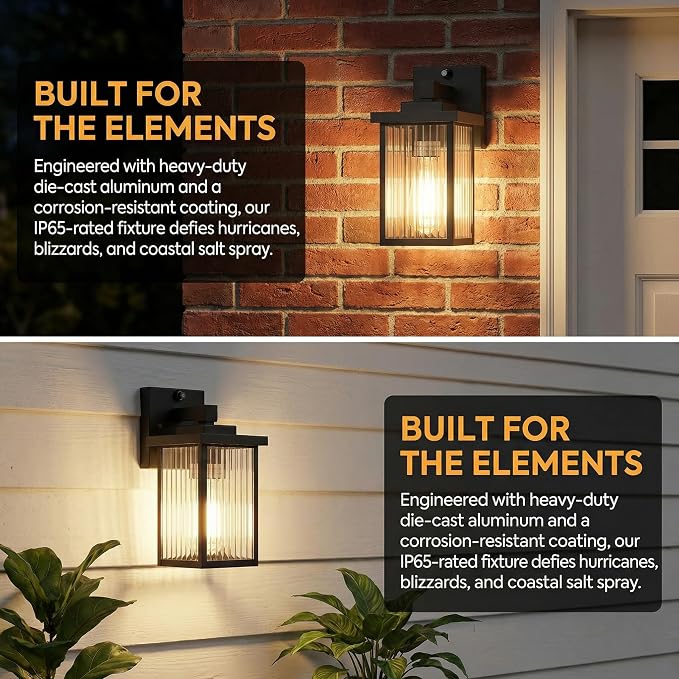 2 Pack Black Dusk to Dawn Outdoor Wall Light, All-Metal Frame | Auto On/Off, Rust-Resistant,Tempered Glass, Easy DIY Install on Porch, Garage