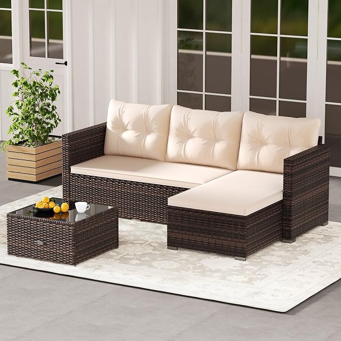 RELAX4LIFE Wicker Patio Furniture Set - PE Rattan L-Shaped Sectional Sofa Seating w/Soft Cushions, Tempered Glass Coffee Table, Outdoor Conversation Couch Set for Backyard Garden Porch Balcony